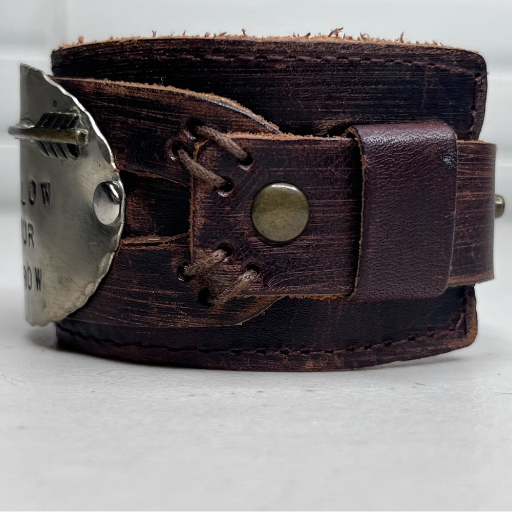 Boho Hand Stamped Metal Plate Follow Your Arrow Leather Cuff Bracelet - Picture 4 of 7